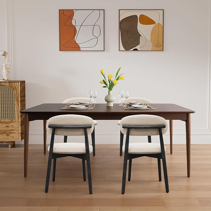Farmhouse Dining Chairs Set of 4, Mid Century Modern Wooden Dining Room Chairs, Farmhouse Fabric Upholstered Kitchen Dinner Chairs for Living Room Restaurant Cafe, Black/Begie