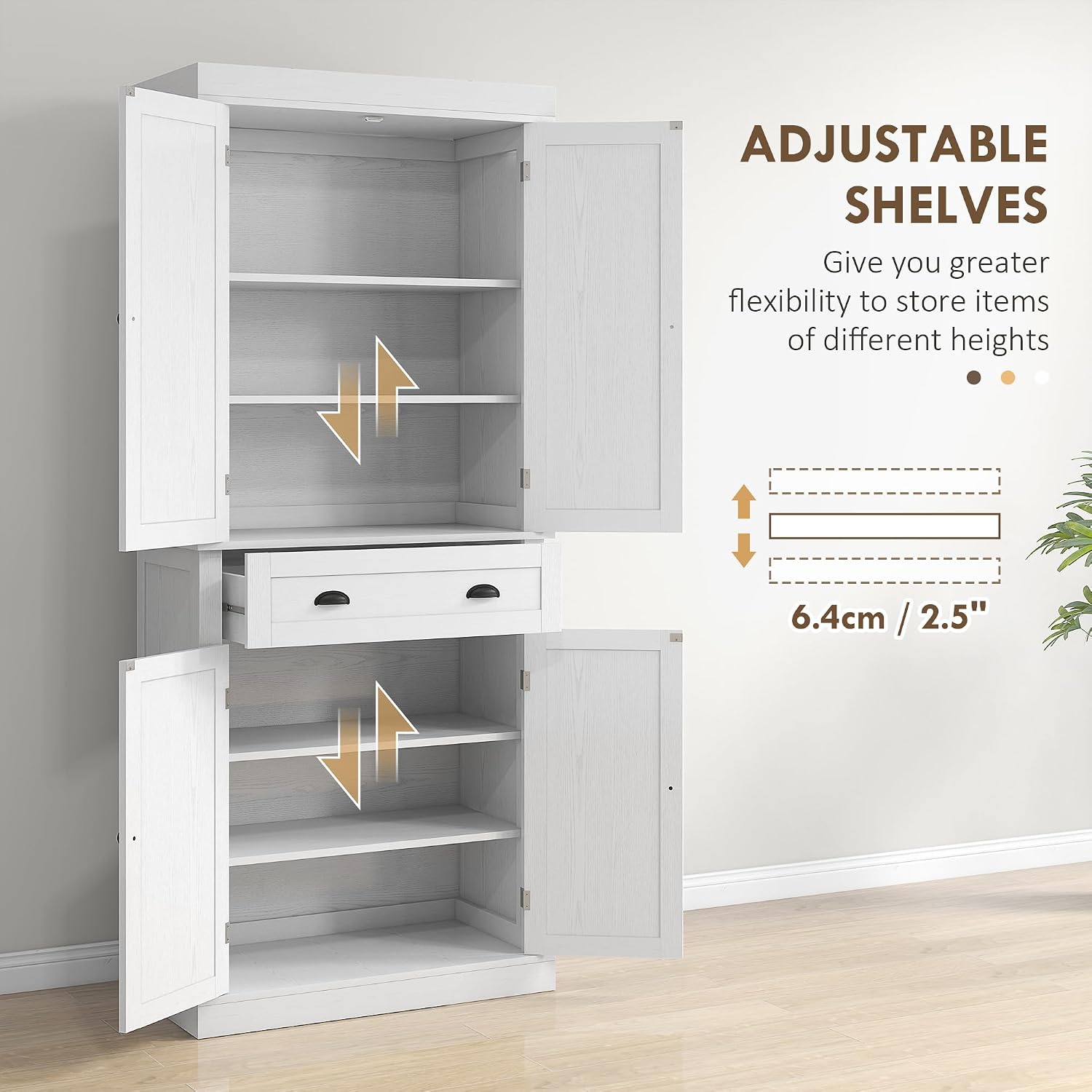 72.5" Kitchen Pantry Cabinet,Traditional Freestanding Storage Cabinet with 4 Doors,Drawer and 3 Adjustable Shelves for Dining Room,White Wood Grain