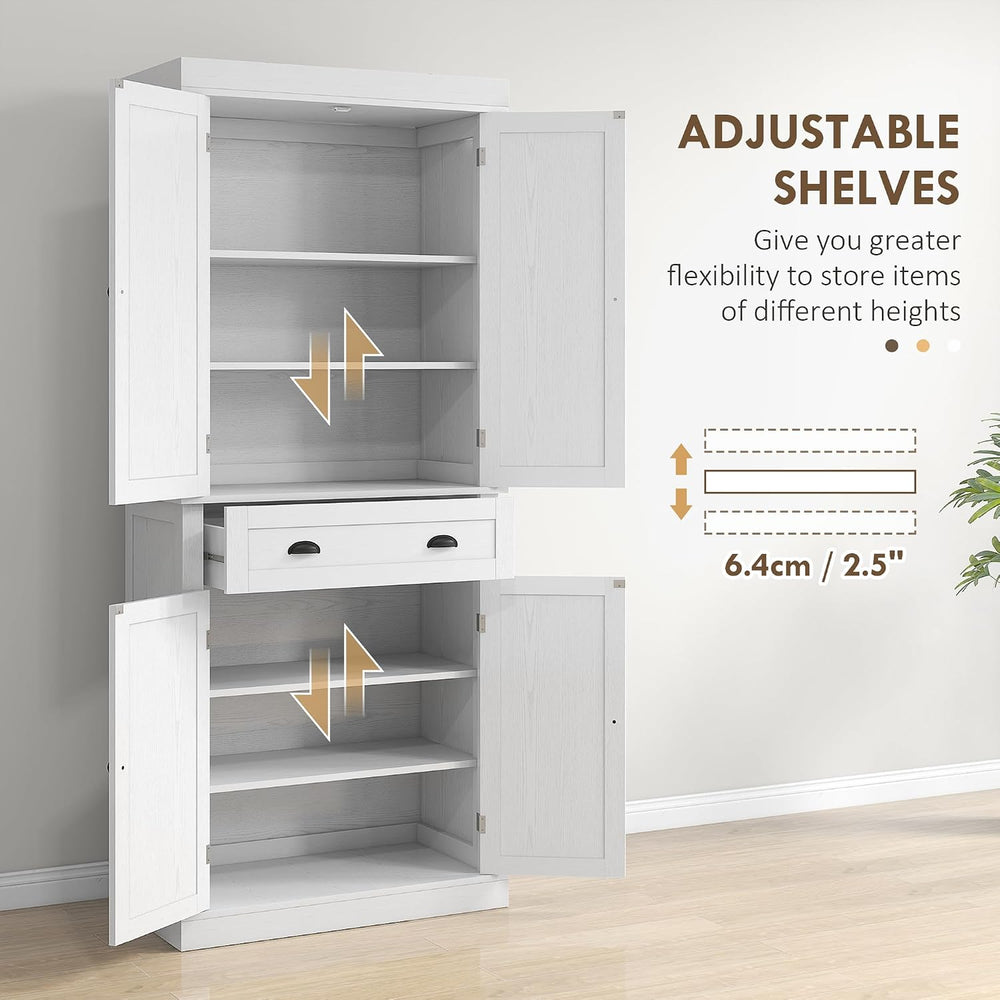 HOMCOM 72.5" Kitchen Pantry Cabinet Freestanding 4 Doors White Wood Grai...
