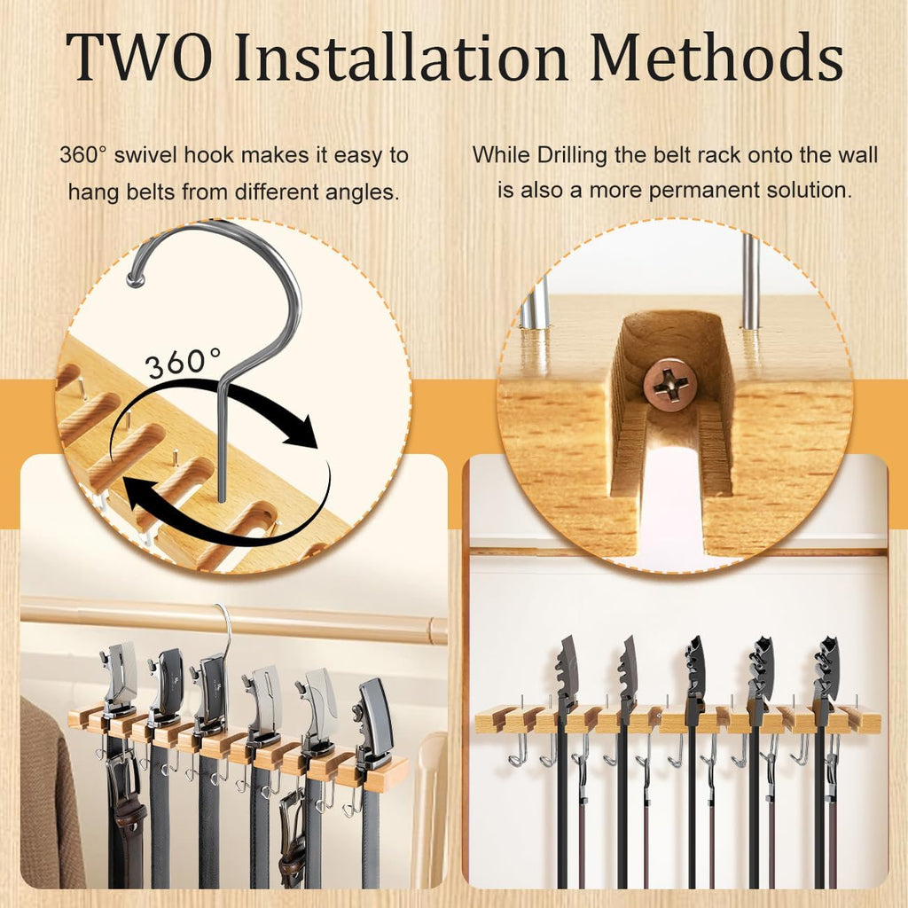 Wooden Belt Hanger for Closet 2-in-1 Wall Mount Belt Organizer Holder for Closet Organizer Storage, Ratchet Belt Rack Closet Accessories with 12 Slots & 11 Hooks