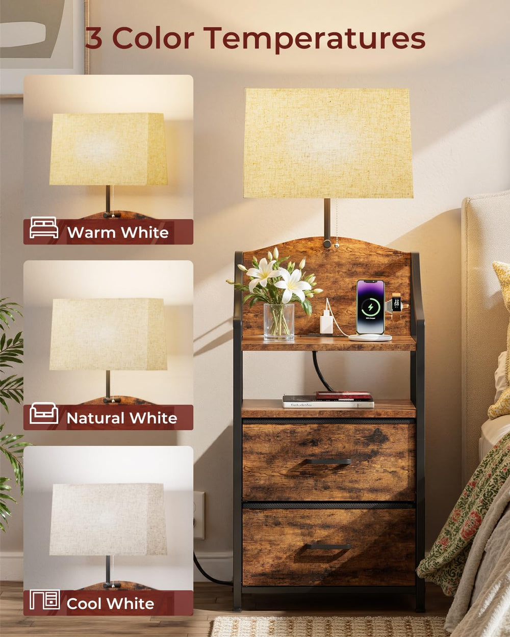 Evermagin 45" Nightstands, Tall Nightstand with Charging Station & L...