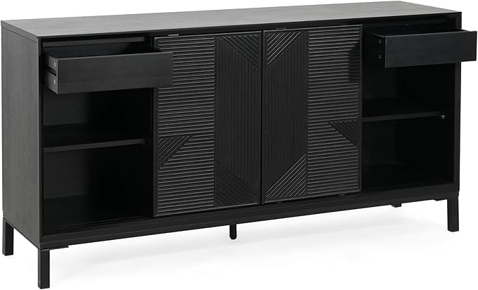 Merax Modern Geometric Accent Cabinet, Vertical Striped Design Sideboard Buffet with Two Drawers, Sliding Doors, Wood Veneer Top, Minimalist Storage Cabinet for Study, Entryway and Living Room, Black