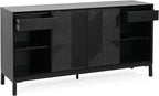 Merax Modern Geometric Accent Cabinet, Vertical Striped Design Sideboard Buffet with Two Drawers, Sliding Doors, Wood Veneer Top, Minimalist Storage Cabinet for Study, Entryway and Living Room, Black
