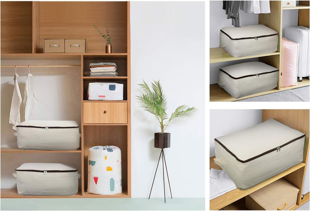 2PCS Canvas Storage Bag, 12OZ Thick Soft Breathable Closet Organizer for Beddings, Comforters, Pillows, Blankets, Clothes, 25.6×18.5×8.7inch, Beige