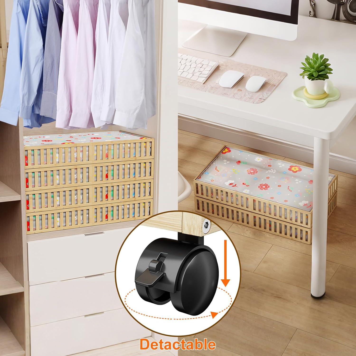 Bamboo Under Bed Storage Containers with Wheels, 40L UnderBed Drawers with Dust Bag, Breathable Under Bed Shoe Storage, Rolling UnderBed Clothes Storage, 2Pack