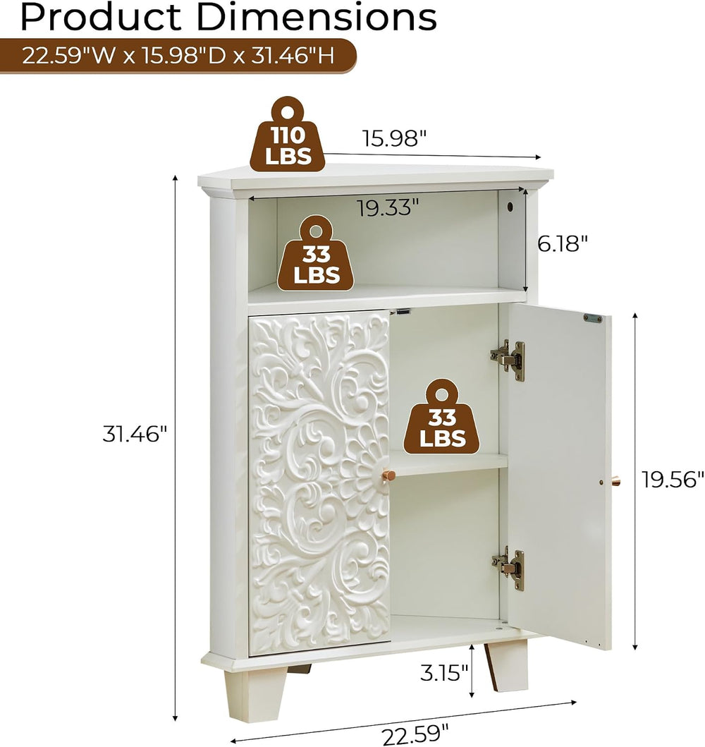 Corner Storage Cabinet, 31.5" Floral Accent Cabinet for Small Spaces, White