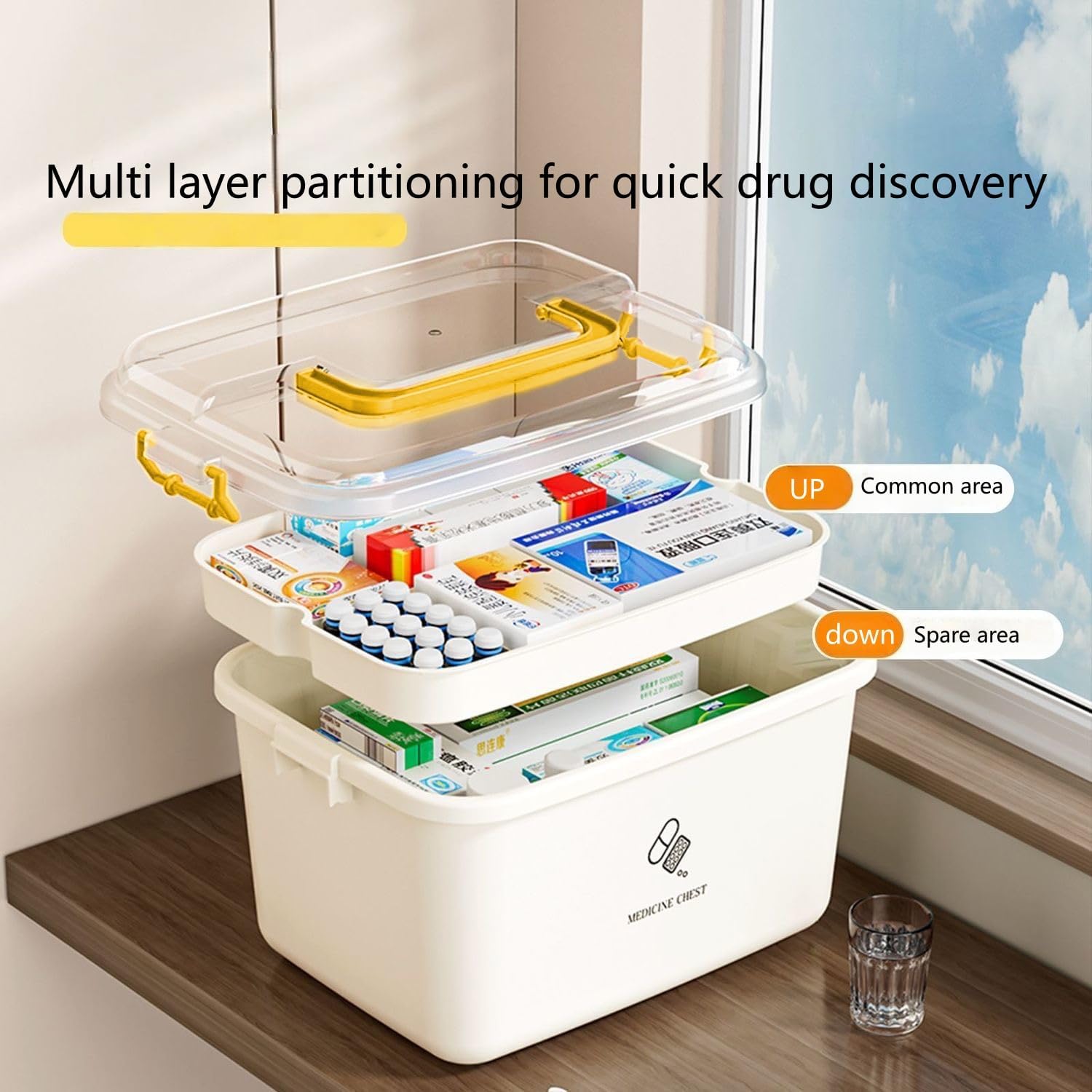 Plastic Medicine Storage Organizer & First Aid Box, Medicine Box with Handles, Multipurpose Medical Supply Organizer with Removable Tray for Home, Office & Travel（large）