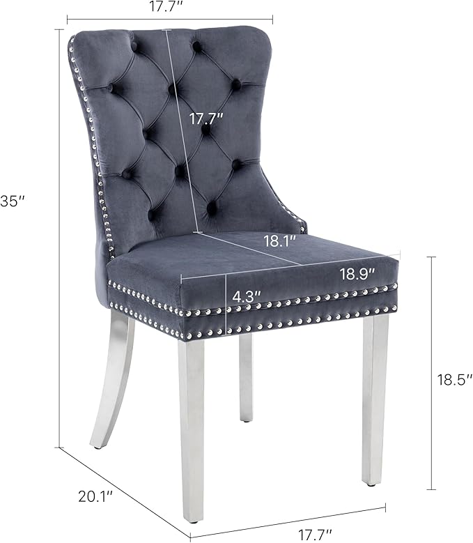 KCC Velvet Dining Chairs Set of 2, Upholstered High-end Tufted Dining Room Chair with Nailhead Back Ring Pull Trim Stainless Steel Legs, Contemporary Nikki Collection Modern Style for Kitchen, Gray