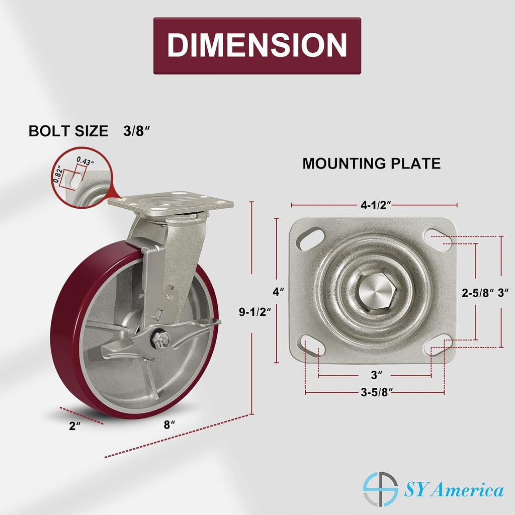 SY America 8" X 2" Casters Wheels,Heavy Duty Industrial Casters，Polyurethane on Aluminum Wheels,2 Swivel w/Top Lock Brake Casters,3200 LBS Load Capacity