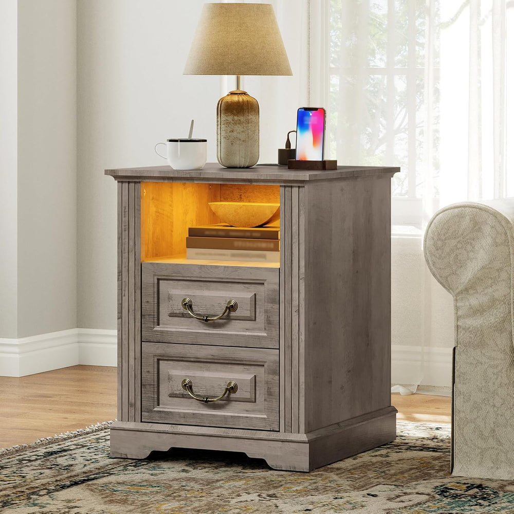 RALGEND Farmhouse Nightstand with Charging Station, Night Stand with 2 Drawer...