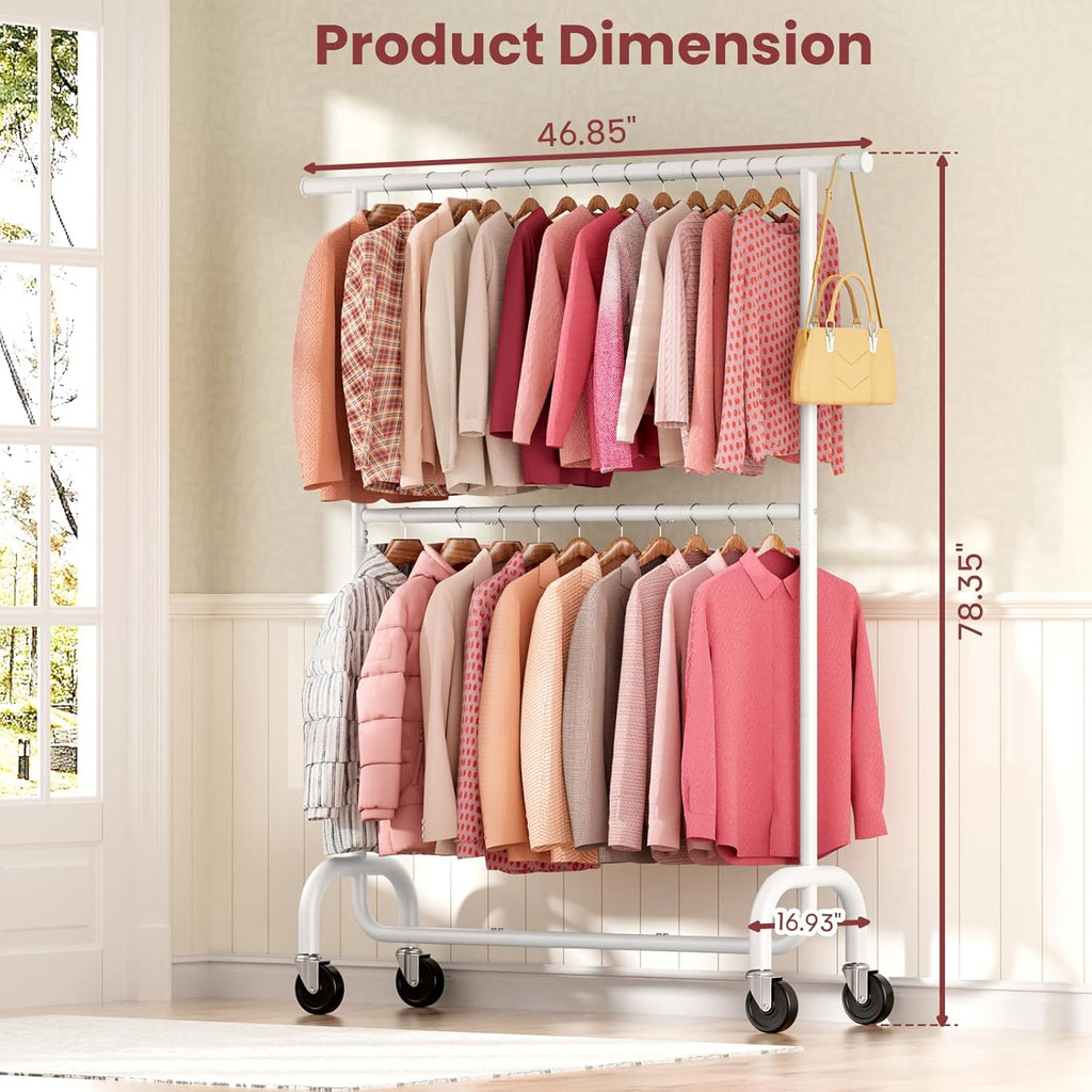 Heavy Duty Clothes Rack Load 600 LBS, Rolling Clothing Rack for Hanging Clothes with Lockable Wheels, Double Rod Garment Rack for Bedroom, Laundry, Living Room, White