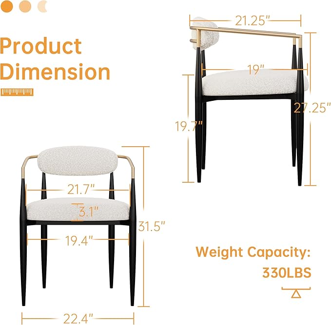 Morden Fort Modern Dining Chairs Set of 4, Upholstered Boucle Dining Chairs with Gold Armrest and Black Metal Legs, Accent Armchairs for Kitchen, Living Room and Reception