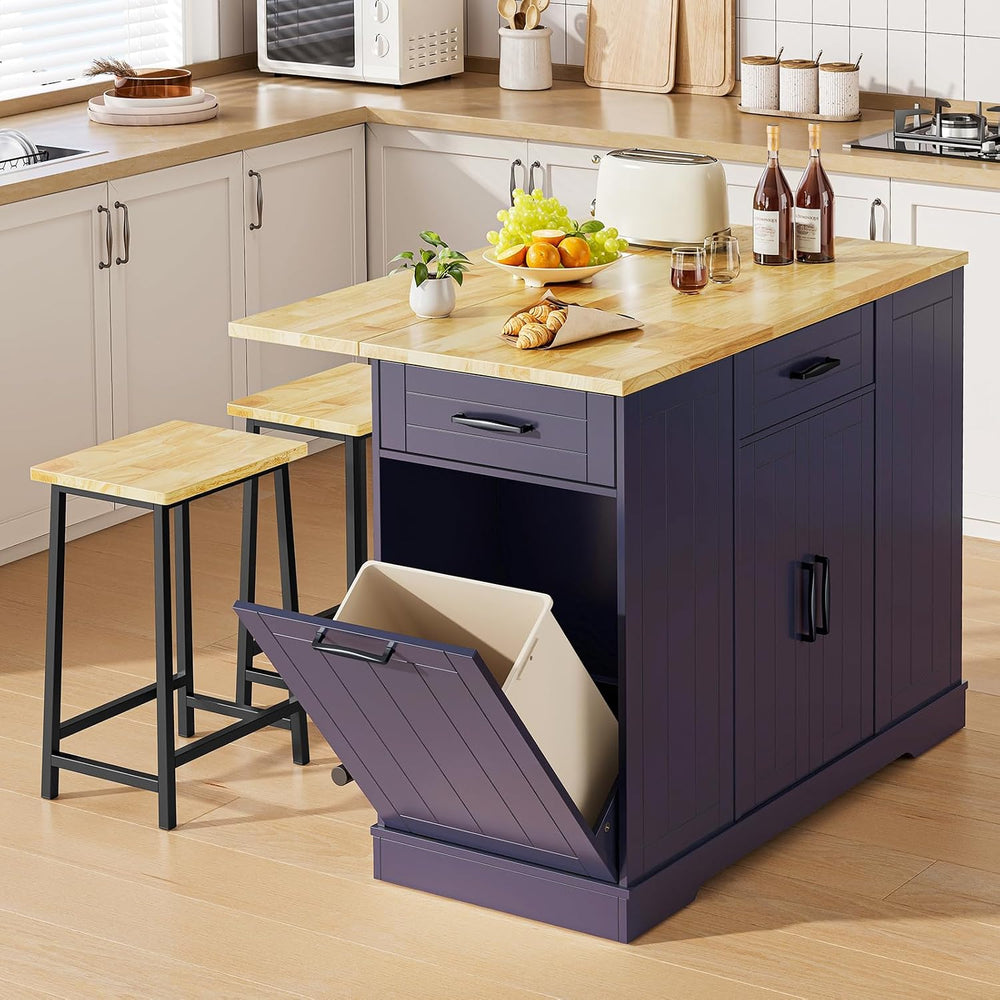 ONBRILL 47" Kitchen Island with Trash Can Storage, Include 2 Chairs, Blu...