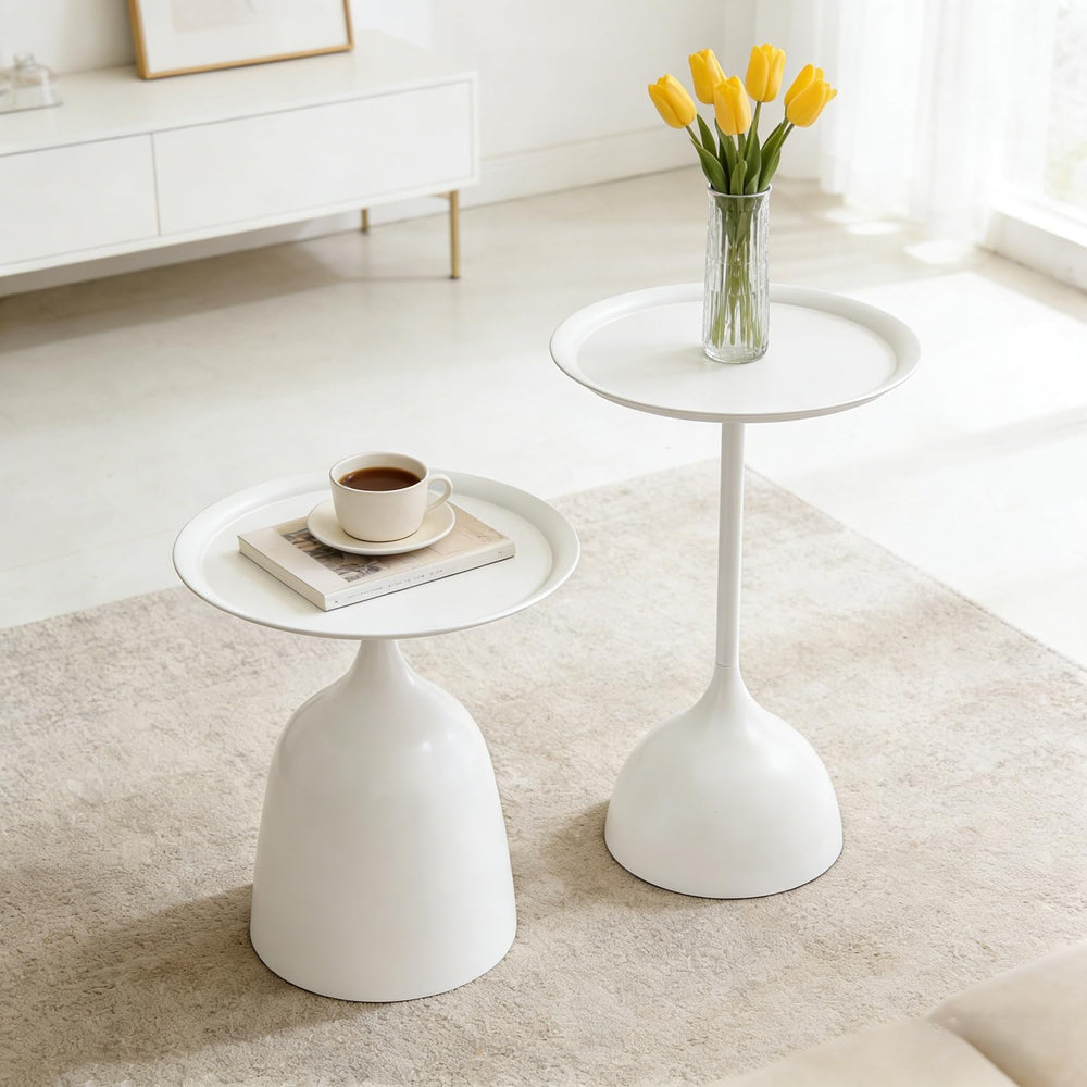 Modern Round Side Table Set of 2, Metal Nesting End Tables White/Black Minima...