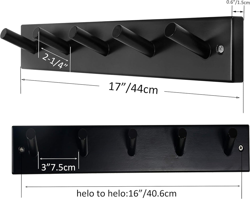 SKOLOO Wooden Wall Mounted Coat Rack,16'' Hole to Hole, 5 Pegs Bamboo Wall Hook for Hanging Clothes Robes Towels Hats,Black