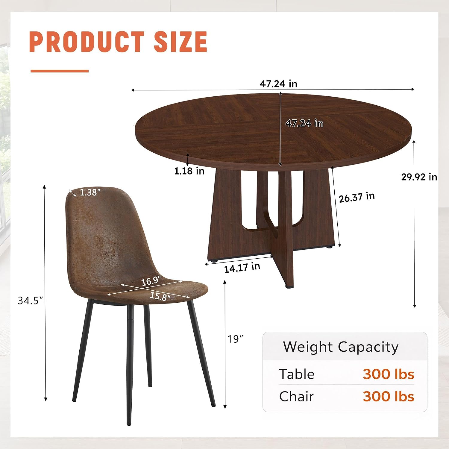 47" Round Dining Table Set for 4, Walnut Wood Grain Table and 4 Brown Suede Upholstered Chairs Set, Mid Century Modern Kitchen Table Set with Cross Legs
