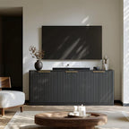 Evermagin 67" Black Fluted TV Stand for TVs up tp 75", Mid-Century Modern Entertainment Center with Storage Cabinets and Fluted Doors, Wood Media TV Consoles for Living Room and Bedroom Furniture
