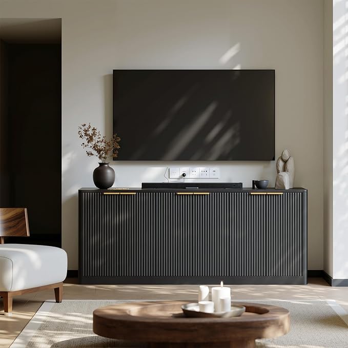 Evermagin 67" Black Fluted TV Stand for TVs up tp 75", Mid-Century Modern Entertainment Center with Storage Cabinets and Fluted Doors, Wood Media TV Consoles for Living Room and Bedroom Furniture