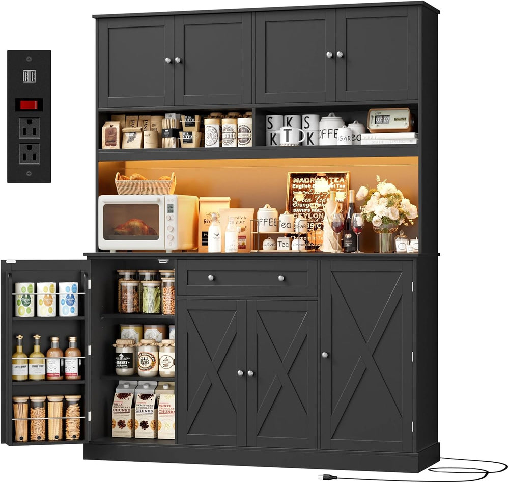 HIFIT 72.8” LED Kitchen Pantry Cabinet with Charging Station, 55” Wide Farmho...