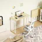 Folding Table, 31.5" Small Desk for Bedroom with Power Outlet, Space Saving Foldable Computer Desk for Home Office, Easy Assembly, Beige