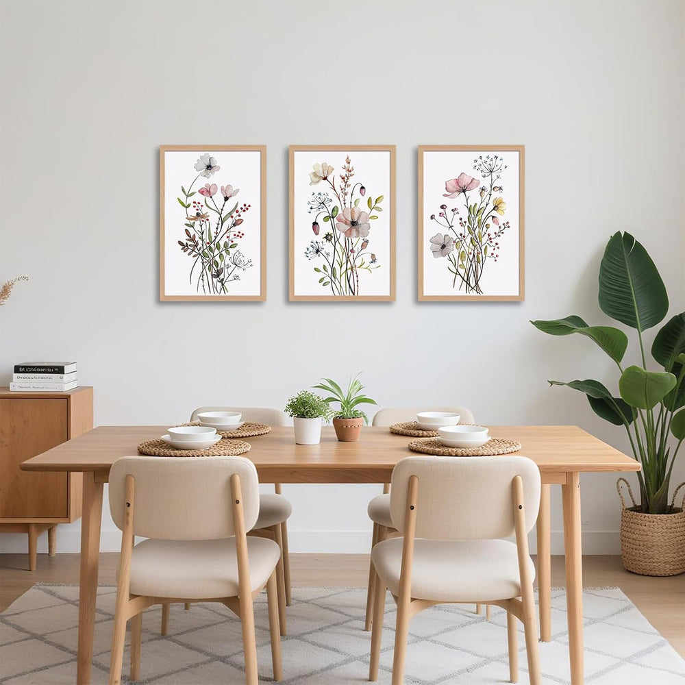 3Pcs Framed Botanical Wall Art Set of Watercolor Floral Canvas Prints Wildflo...