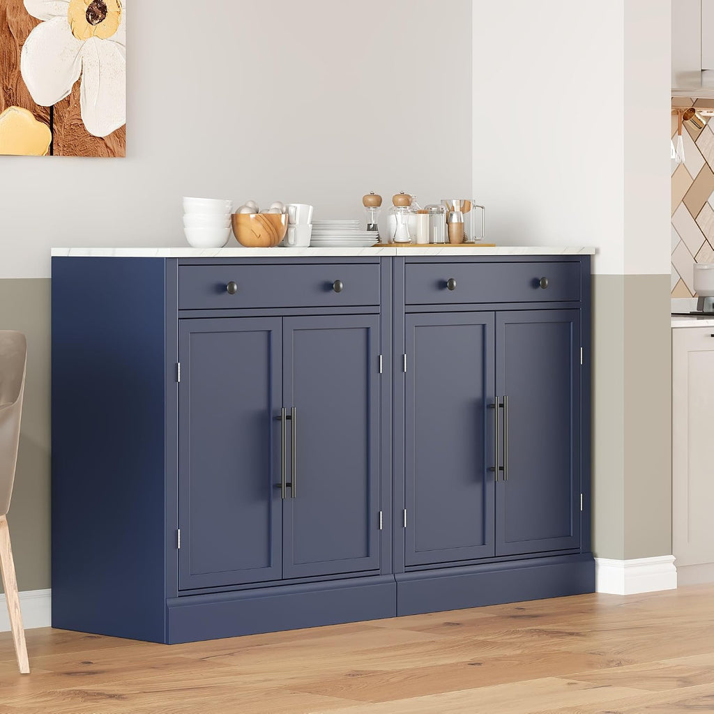 SOFTSEA Modern Freestanding Kitchen Pantry with 2 Door Shelves, Sideboard Buffet Cabinet with Drawer, Coffee Bar Cabinet with 2 Adjustable Shelves for Dining Kitchen Living Room, Set of 2, Blue