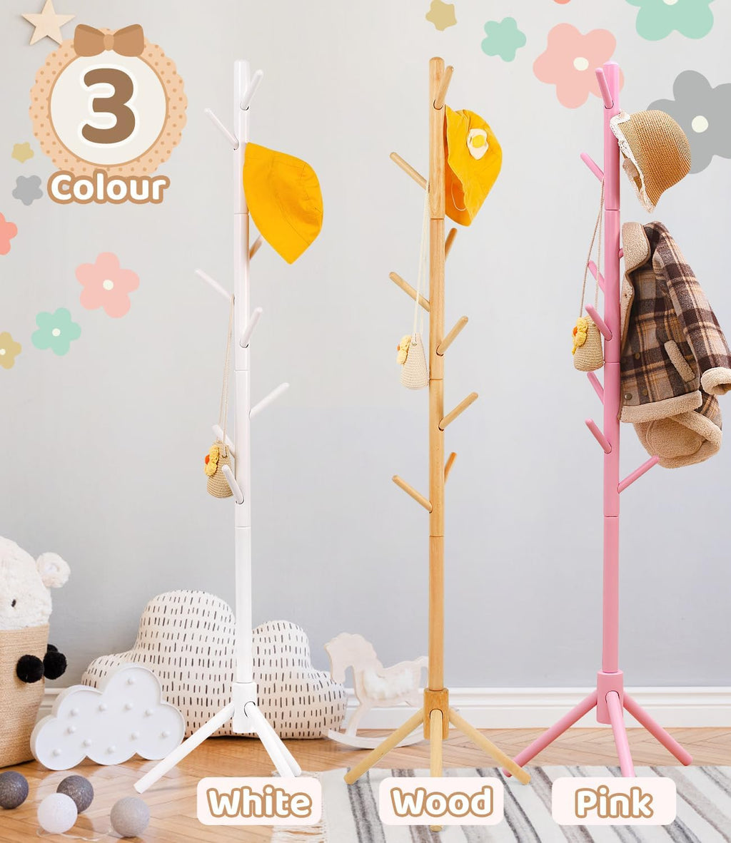 Beech Wood Kids Coat Rack - Adjustable Height Stand with 9 Hooks, Freestanding Children's Clothing Organizer for Hallway, Bedroom, Easy Assembly (Natural)