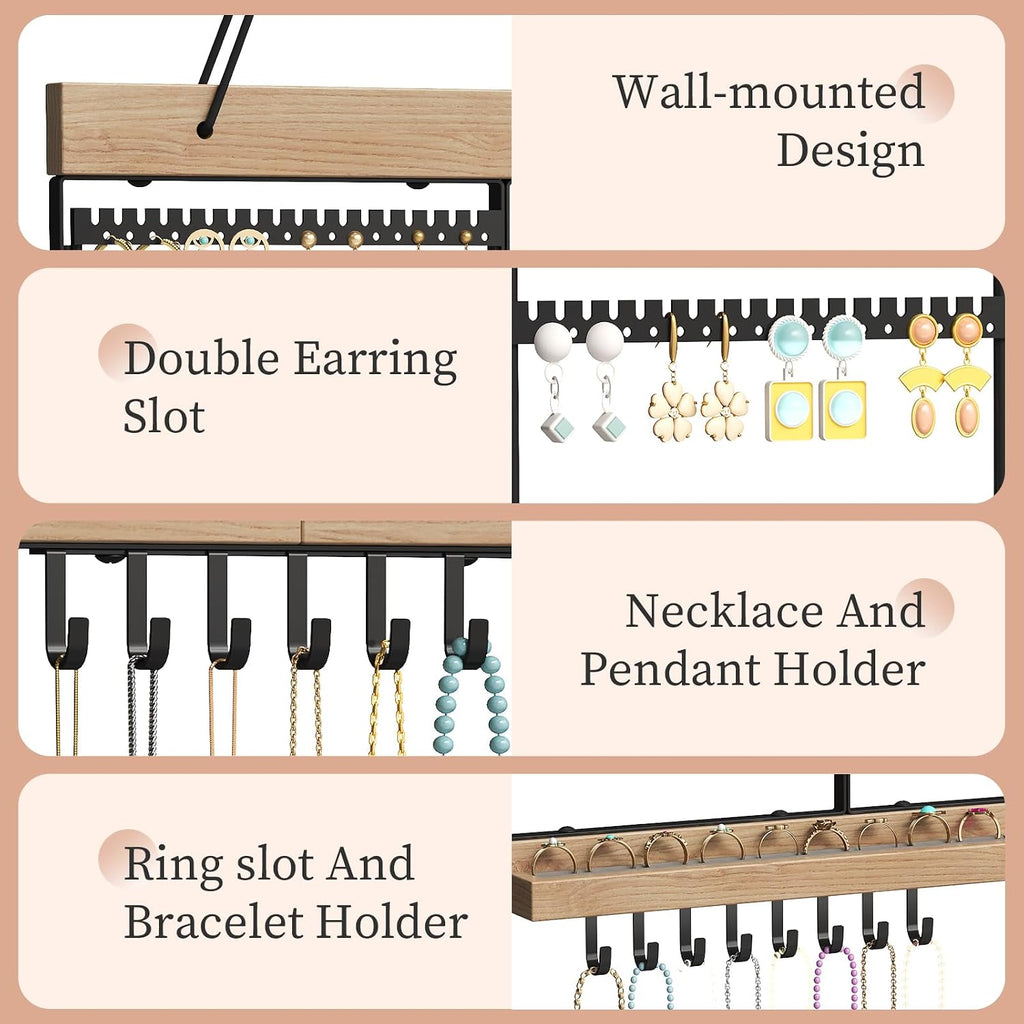 Feyejade Large Rotating Hanging Jewelry Organizer, 5-Tier Earring Holder Storage Holds up to 180 Pairs, Wall Mounted Jewelry Rack for Earrings, Necklaces, Bracelets and Rings, for Girls, Black