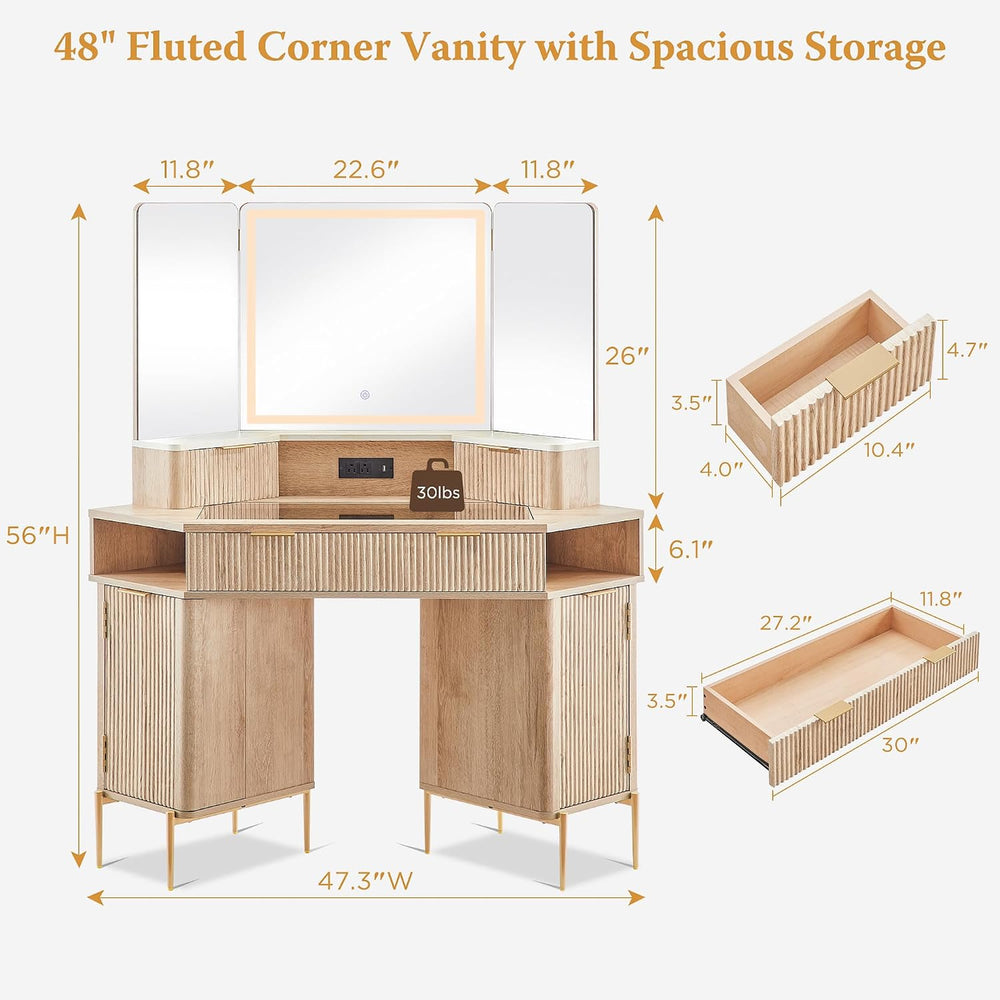 T4TREAM 48" Corner Makeup Vanity with Lighted Triple Mirror, Natural Oak...