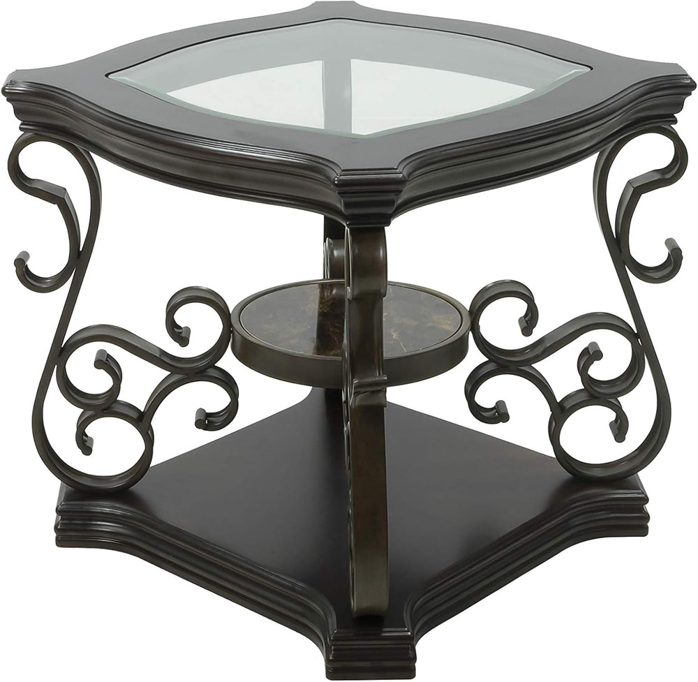 End Table with Glass Table Top, Cocktail Table with MDF and Marble Paper Midd...