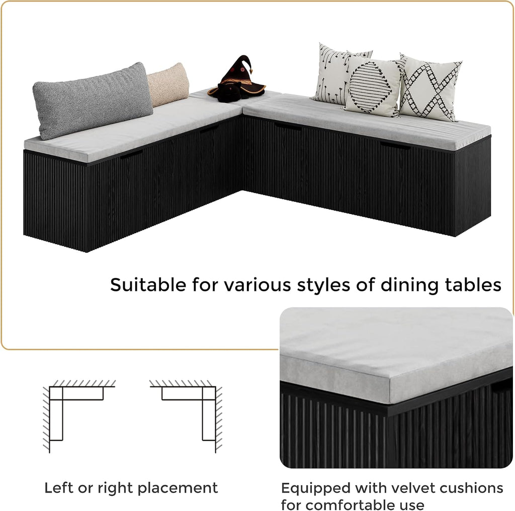 Mekminop Kitchen Breakfast Nook Bench, Backless Wood Corner Bench with Cushion Seat, L Shape Dining Bench with Hidden Storage Space, Black
