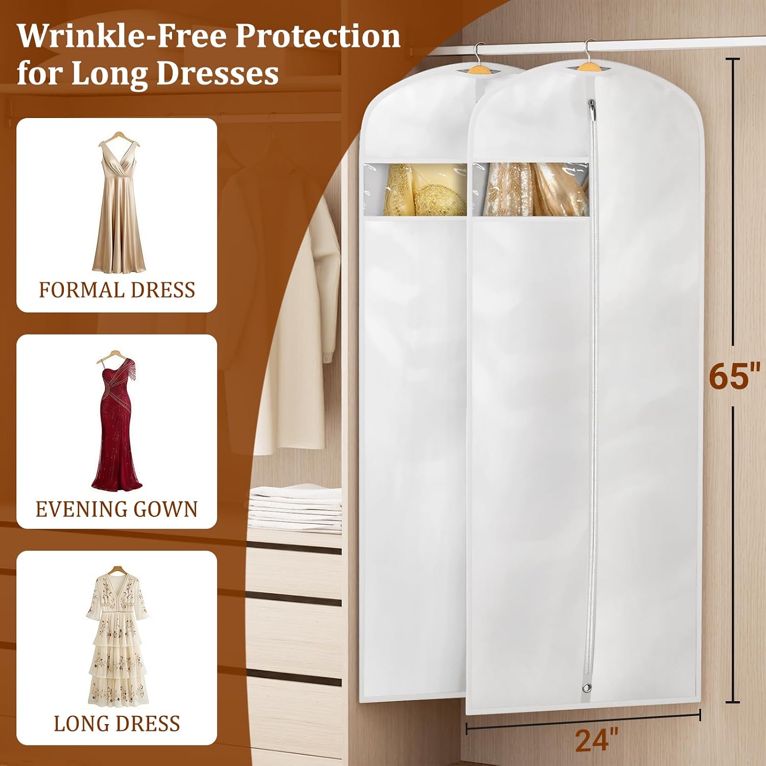 KIMBORA 65" Dress Bags for Gowns Long Garment Bags for Hanging Clothes with Clear Window, Foldable Wedding Dress Cover for Closet Storage and Travel (2 Packs, White)