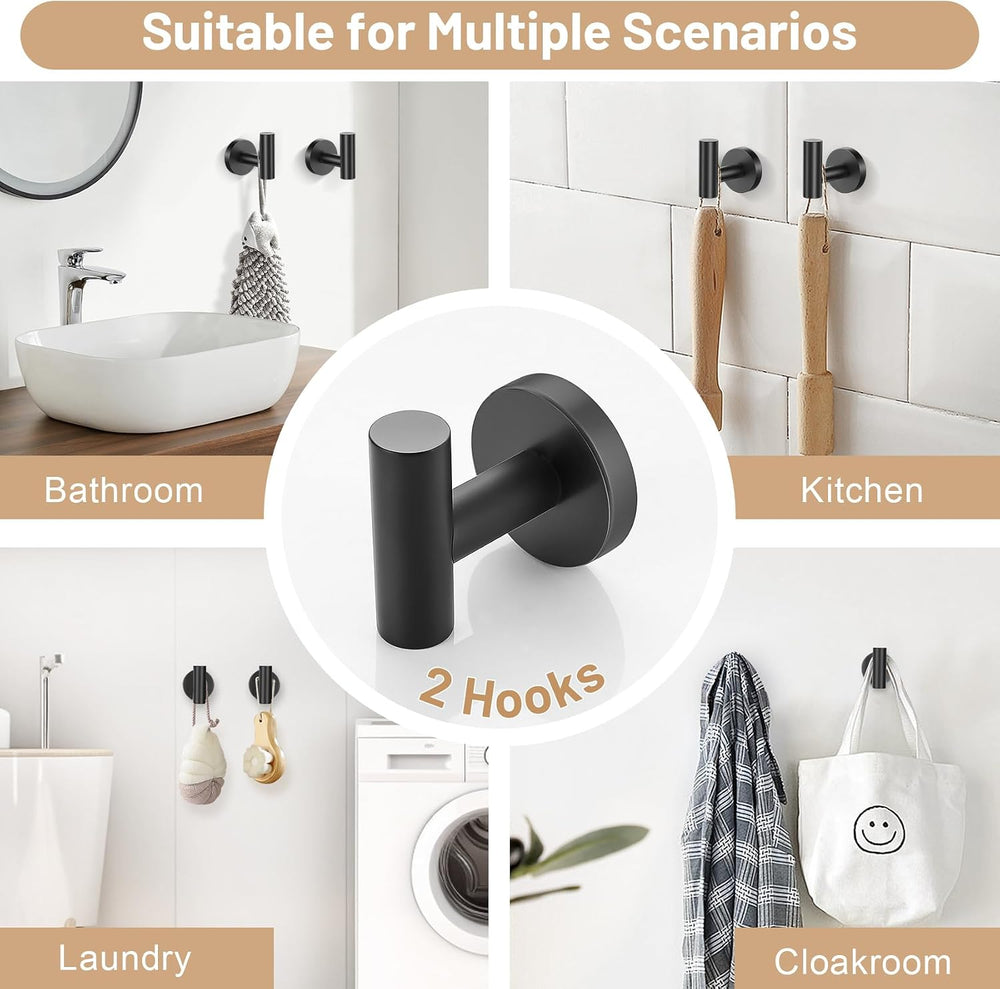 Matte Black Bathroom Hardware Set, Toilet Paper Holder, Towel Ring & Hooks