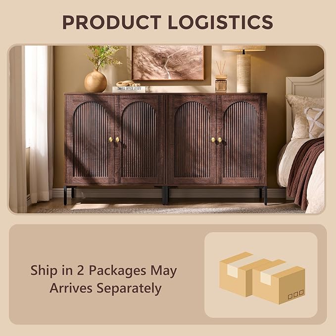 Modern TV Stands for 75 Inch tvs, 61.75‬"W Wood Entertainment Center w/Adjustable Shelves, Mid Century Modern TV Stand w/Arched Fluted Doors, Media Console Cabinet for Living Room, Brown