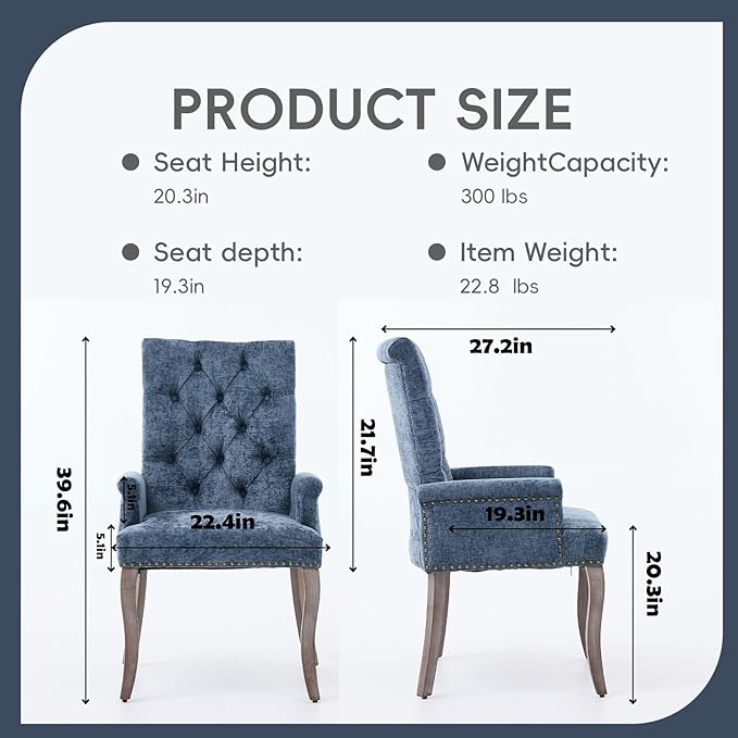 Upholstered Tufted Chenille Dining Chairs with Arms & Nailhead Trim – Sol...