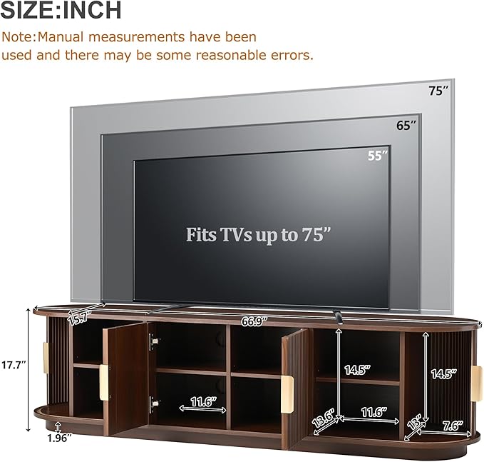 Farmhouse Wooden TV Stand with Sliding Tambour Door for TVs up to 75", Fluted Media Console with Adjustable Storage, Golden Handle TV Cabinet with Cable Holes for Living Room, Walnut