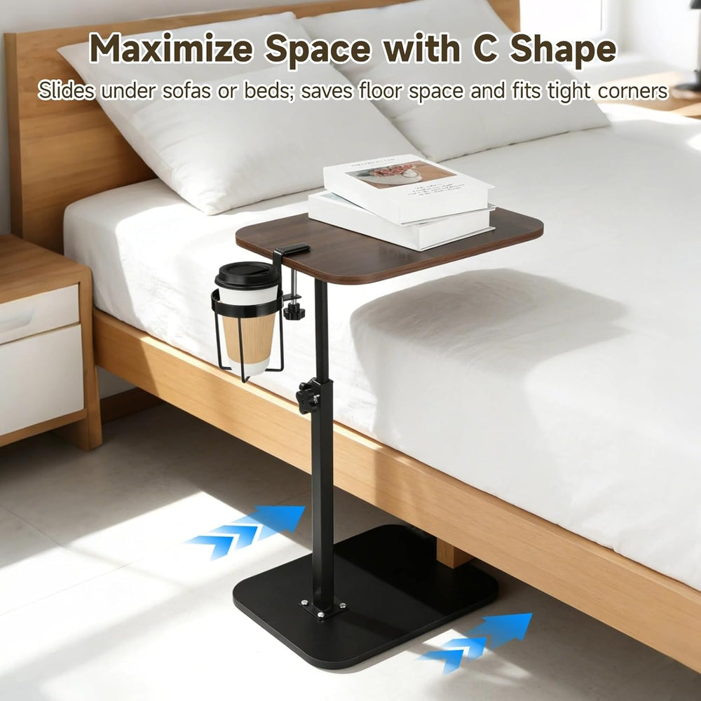 Rotating C Shaped Side Table with Cup Holder, Adjustable Height Sofa Side Tab...