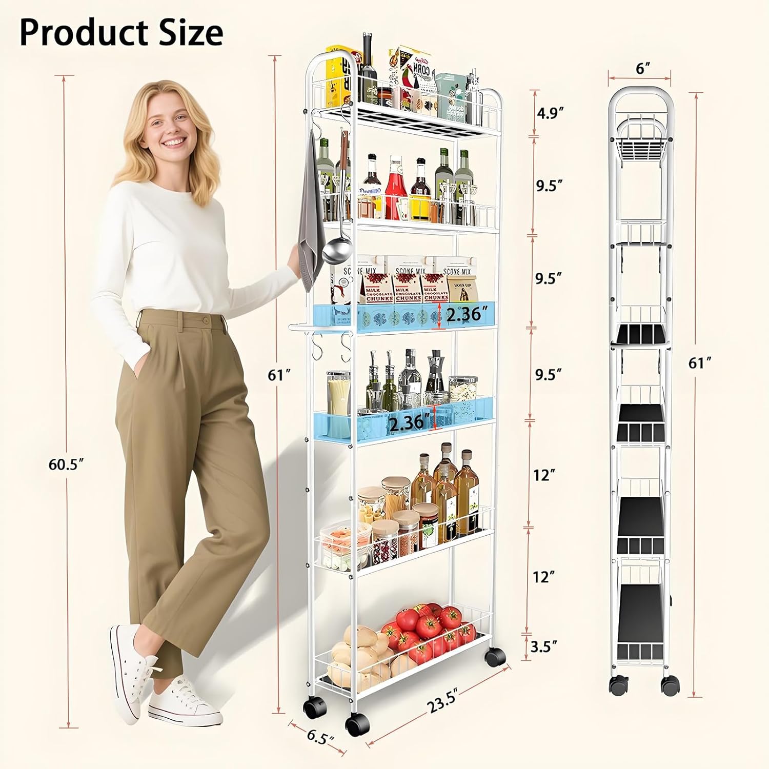 6 Tier 6in Slim Rolling Cart with Handle, White Mobile Shelving Unit with Wheels, Metal Wire Storage Rack with Baskets for Kitchen Bathroom Office Laundry Narrow Piaces
