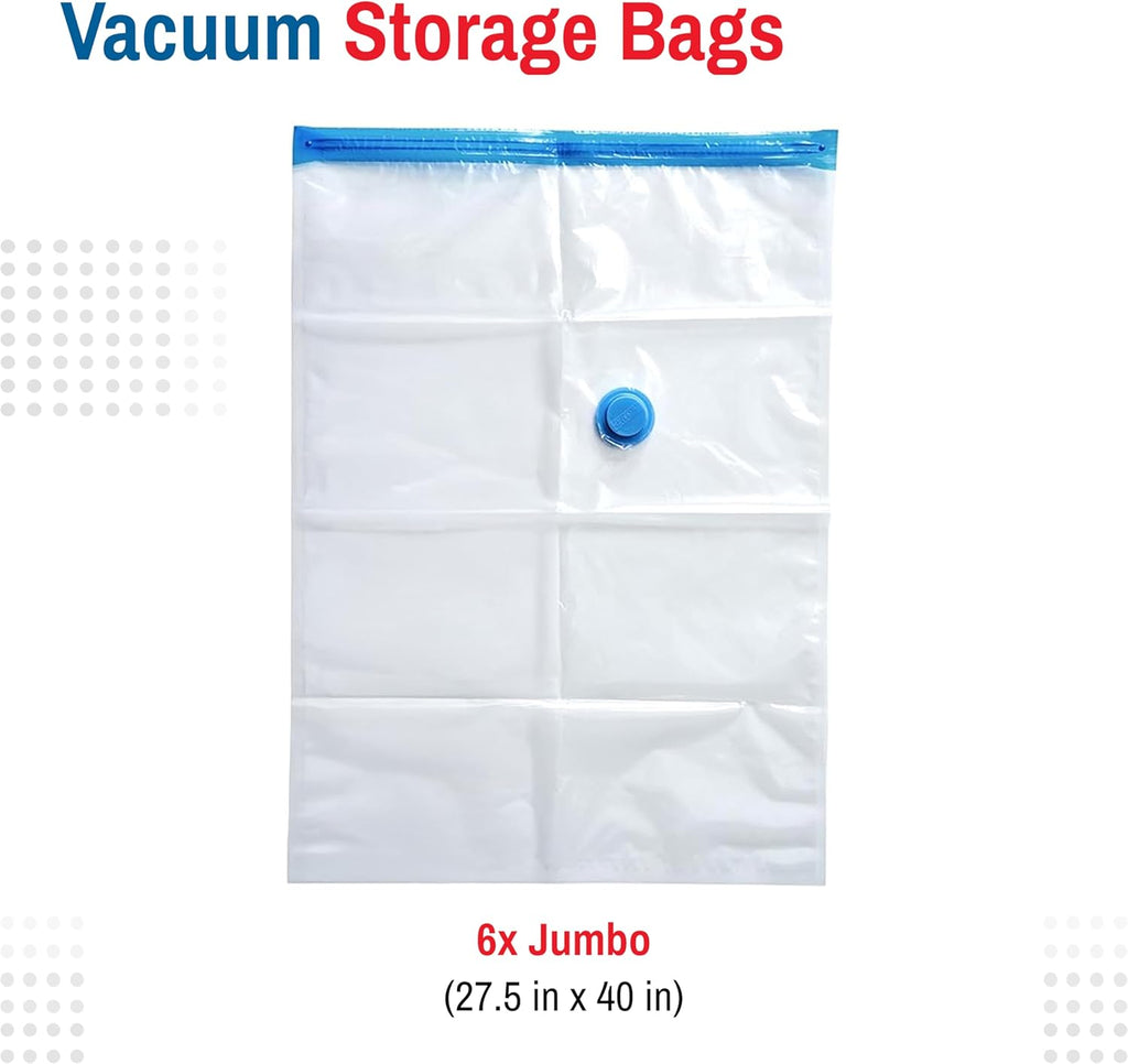 Spacesaver Premium Vacuum Storage Bags. 80% More Storage! Hand-Pump for Travel! Double-Zip Seal and Triple Seal Turbo-Valve for Max Space Saving! (Jumbo 6 Pack)