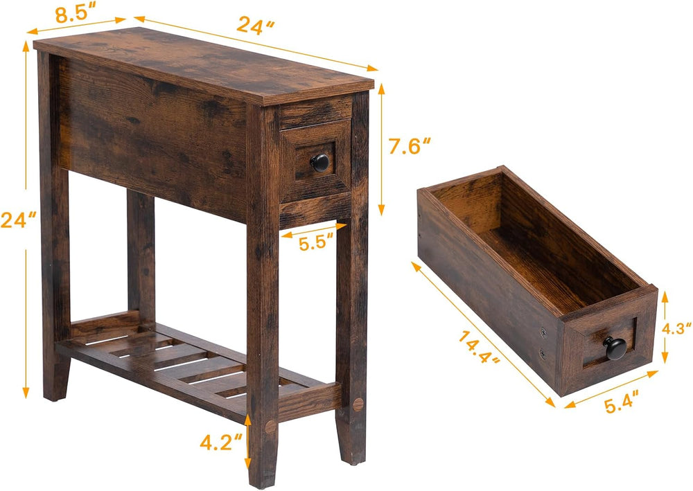 Brown Chairside Narrow End Table, Solid Wood Recliner Side Table with Drawer,...