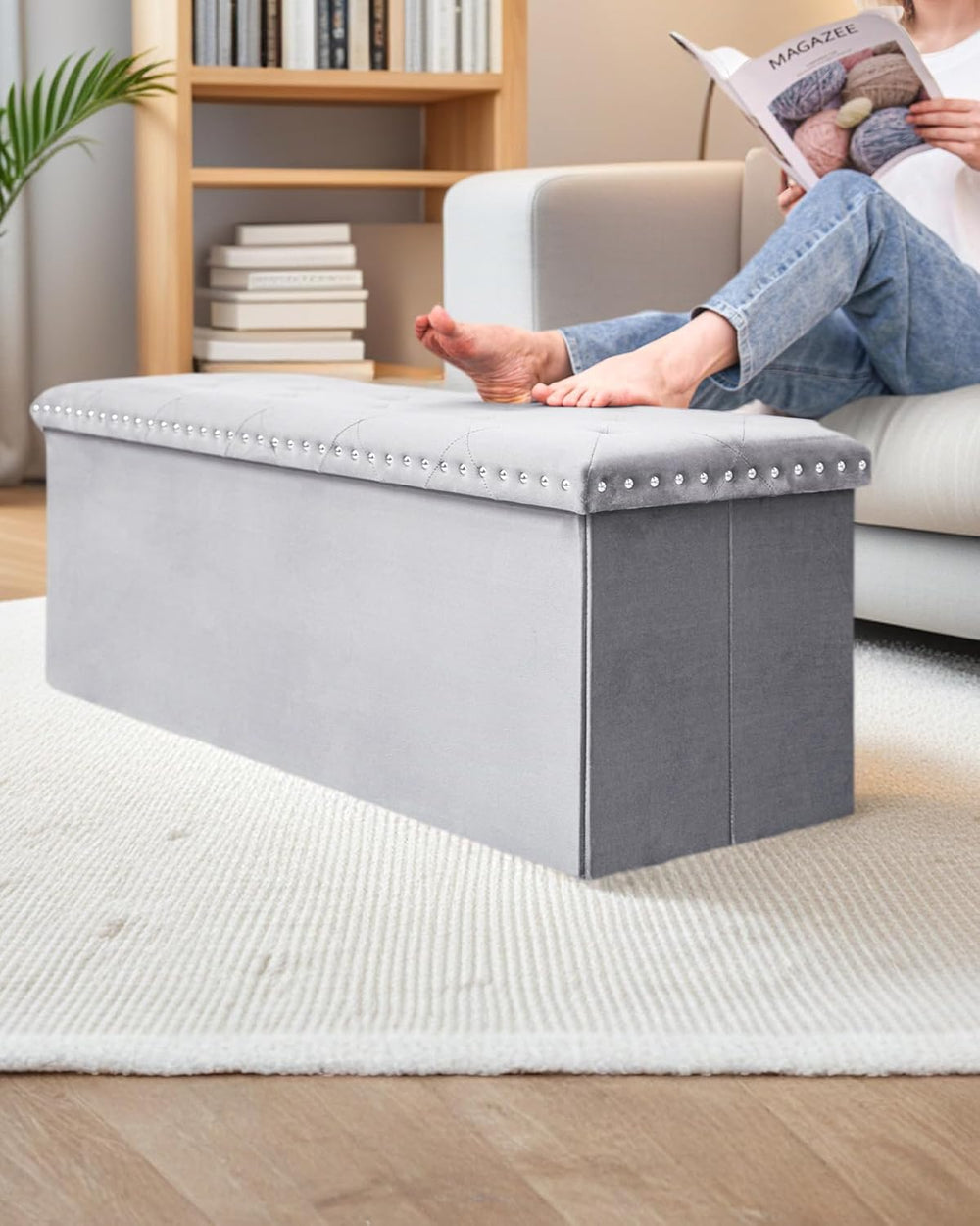 Velvet Storage Ottoman Bench, 43.3" Upholstered Tufted Ottoman with Stor...