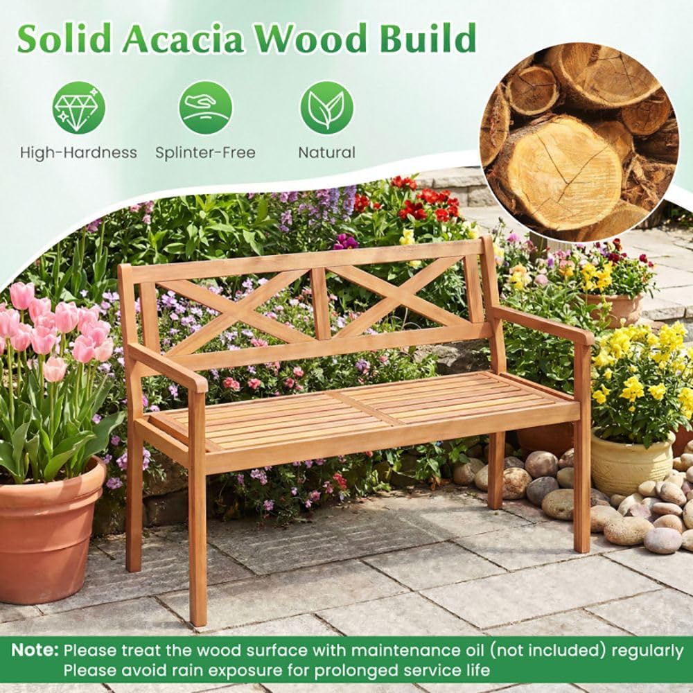2-Person Acacia Wood Patio Chair Armrests Backrest 44in Seat Width 800lb Capa...