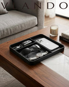 VLANDO Valet Tray, PU Leather Nightstand Organizer with Divider | Nightstand Decor, Key Tray, Divided Valet Tray,Catchall Tray with Dividers, EDC Tray, Watch Tray, Catchall Tray for Men Black