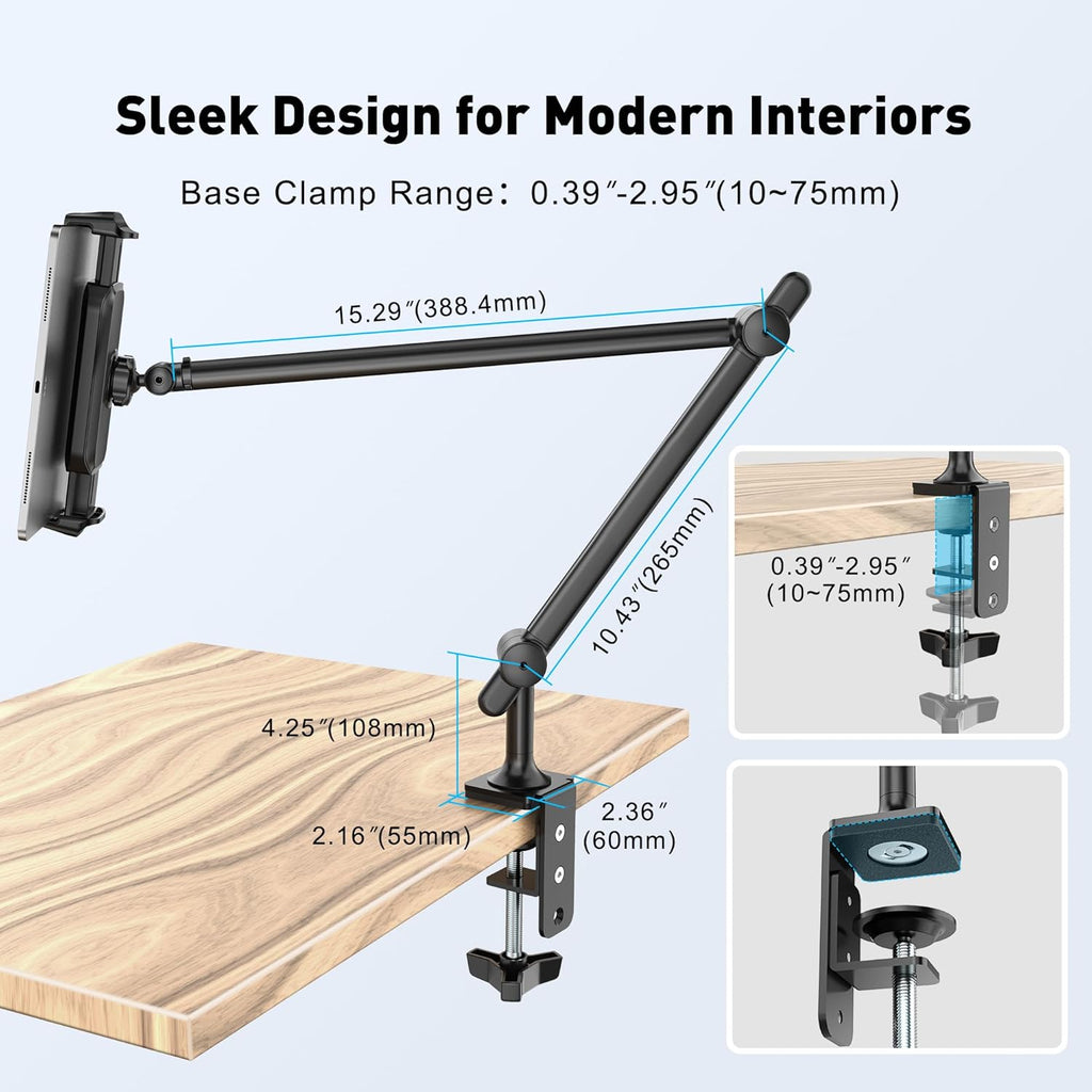 AboveTEK Tablet Stand Holder for Desk & Bed, Aluminum iPad Holder Arm with 360° Rotating Clamp, Adjustable Phone Stand Compatible with 4.7"-13.5" iPad Pro/Air/Mini, iPhone, Galaxy Tab- Black
