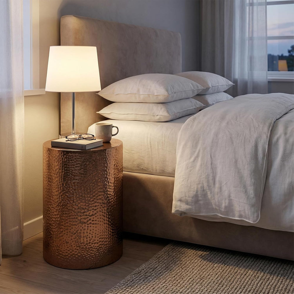 MyGift Set of 2 Modern Hammered Metal Bronze Round End Tables, Home Accent Si...