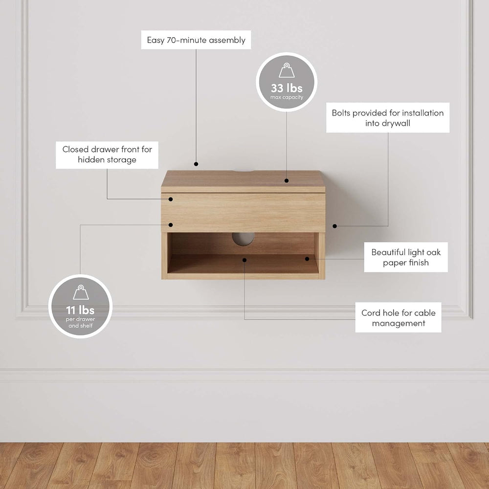 Nathan James Jackson Wall Mounted Floating Bedroom Nightstand with Storage Dr...