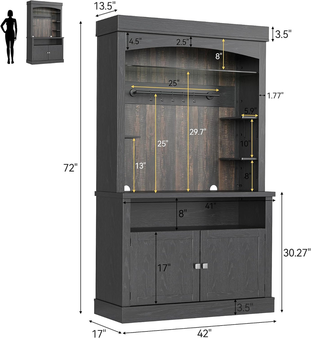 Takywep Tall Coffee Hutch with LED Lights Tall CoffeeBar Cabinet Farmhouse Bu...