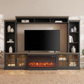 Black 98” Farmhouse TV Stand with Fireplace, Entertainment Center, Wall Unit Media Console with Bookshelf, Cabinet & Power Outlets & Barn Doors, Fits TVs Up to 75” for Living Room