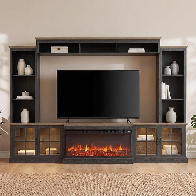 Black 98” Farmhouse TV Stand with Fireplace, Entertainment Center, Wall Unit Media Console with Bookshelf, Cabinet & Power Outlets & Barn Doors, Fits TVs Up to 75” for Living Room