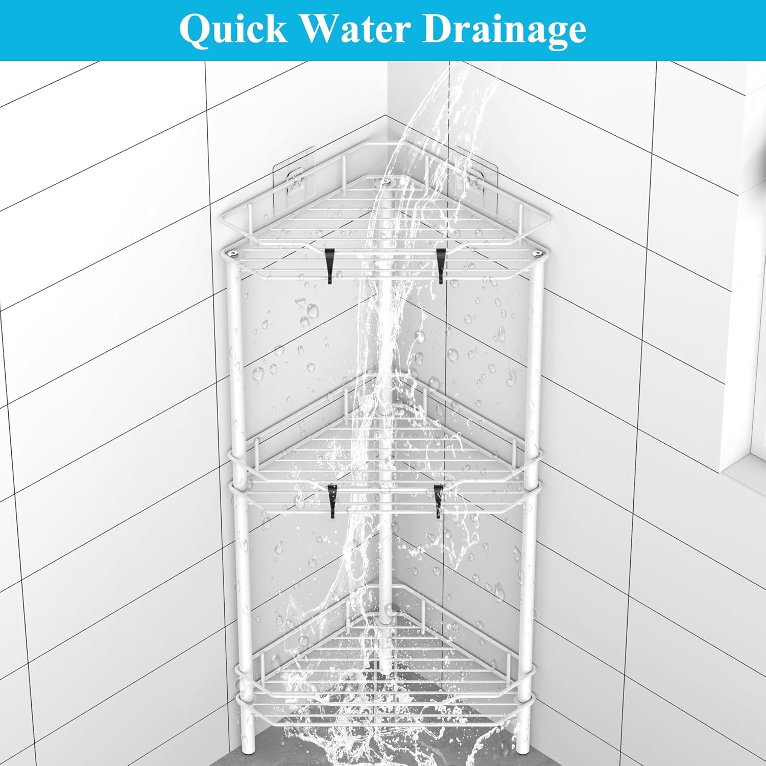 3 Tier Floor Standing Corner Shower Caddy Organizer Shelf with Hooks, Bathroom Shelves Stand Rack, White